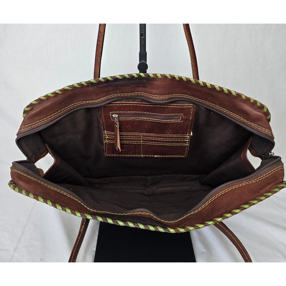 Leaders in Leather Tote Laptop Bag Hand Tooled Cutout Brown Green Paraguay - Picture 6 of 16